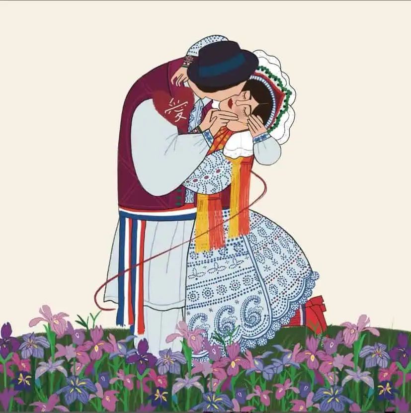 Klimt's “The Kiss” in Bizovac folk costume, digital illustration by Kim Sinae