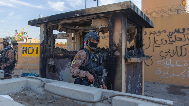 Iraqi soldiers outside the US embassy in Baghdad in 2020. Pic: AP