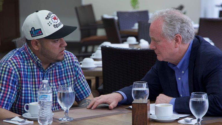Chris Van Hollen (R) speaks with Kilmar Abrego Garcia (L). Pic: Press Office Senator Van Hollen/AP