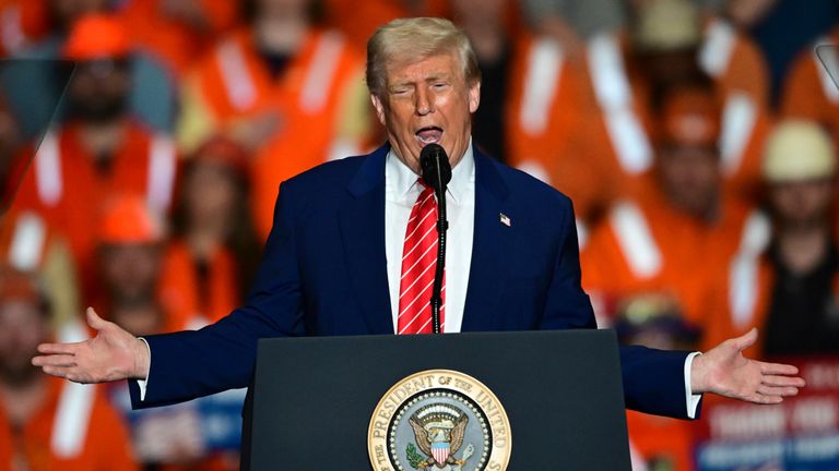President Donald Trump speaks at the U.S. Steel Mon Valley Works-Irvin plant, Friday, May 30, 2025, in West Mifflin, Pa. (AP Photo/David Dermer)