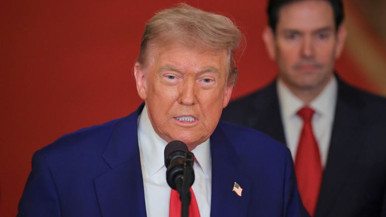 President Donald Trump speaks from the East Room of the White House in Washington, Saturday, June 21, 2025, after the U.S. military struck three Iranian nuclear and military sites, directly joining Israel's effort to decapitate the country's nuclear program, as Secretary of State Marco Rubio listens. (Carlos Barria/Pool via AP)