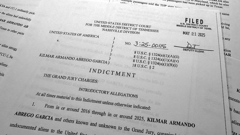 The indictment of Kilmar Abrego Garcia that charges him with transporting people who were in the United States illegally, is photographed, Friday, June 6, 2025, in Washington. (AP Photo/Jon Elswick)