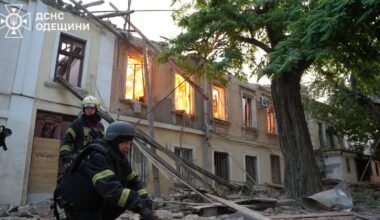 Firefighters work at the site of a Russian drone strike, amid Russia's attack on Ukraine, in Odesa, Ukraine in this handout picture released