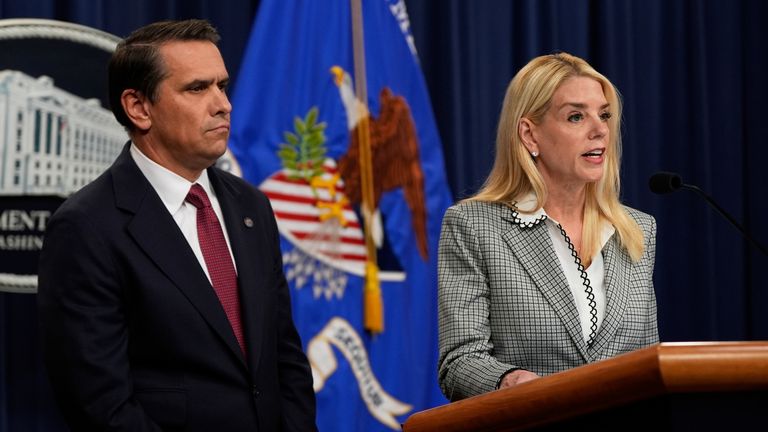 Attorney General Pam Bondi speaks as Deputy Attorney General Todd Blanche listens during a news conference about Kilmar Abrego Garcia at the Justice Department, Friday June 6, 2025, in Washington. (AP Photo/Julia Demaree Nikhinson)