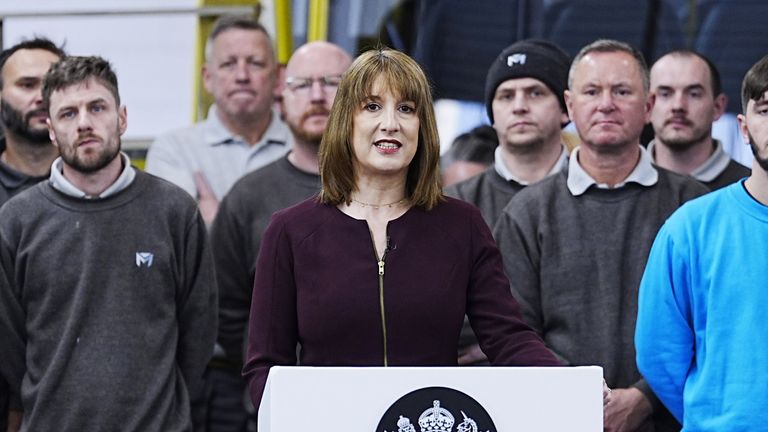 Chancellor of the Exchequer Rachel Reeves delivers a speech during a visit to Mellor Bus in Rochdale, Greater Manchester, to announce a mult