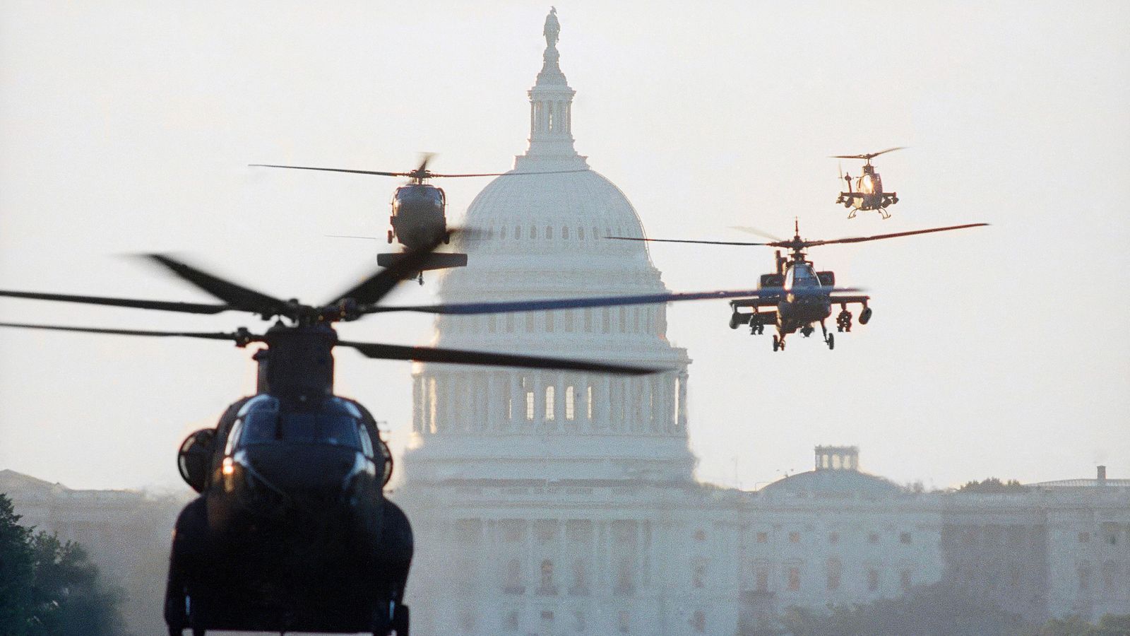 A swarm of U.S. Army helicopter prepare to land on the Mall near the U.S. Capital on Thursday, June 6, 1991 in preparation for Saturday’s Na