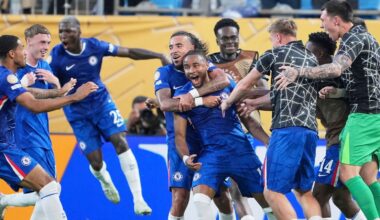 Chelsea's Christopher Nkunku is congratulated after scoring his teams second goal during the Club World Cup round of 16 soccer match between Benfica and Chelsea in Charlotte, N.C., Saturday, June 28, 2025. (AP Photo/Chris Carlson)