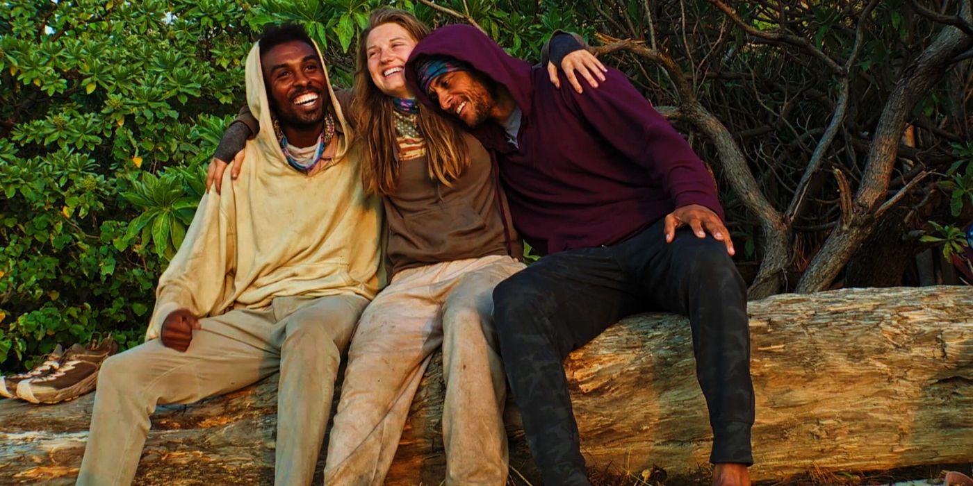 Kyle, Eva, and Joe smile on the final morning of 'Survivor 48.'