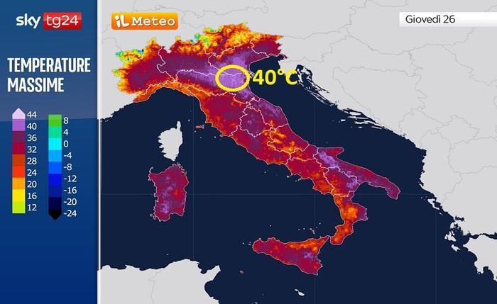 Le temperature massime previste per Giovedì 26 Giugno 2025