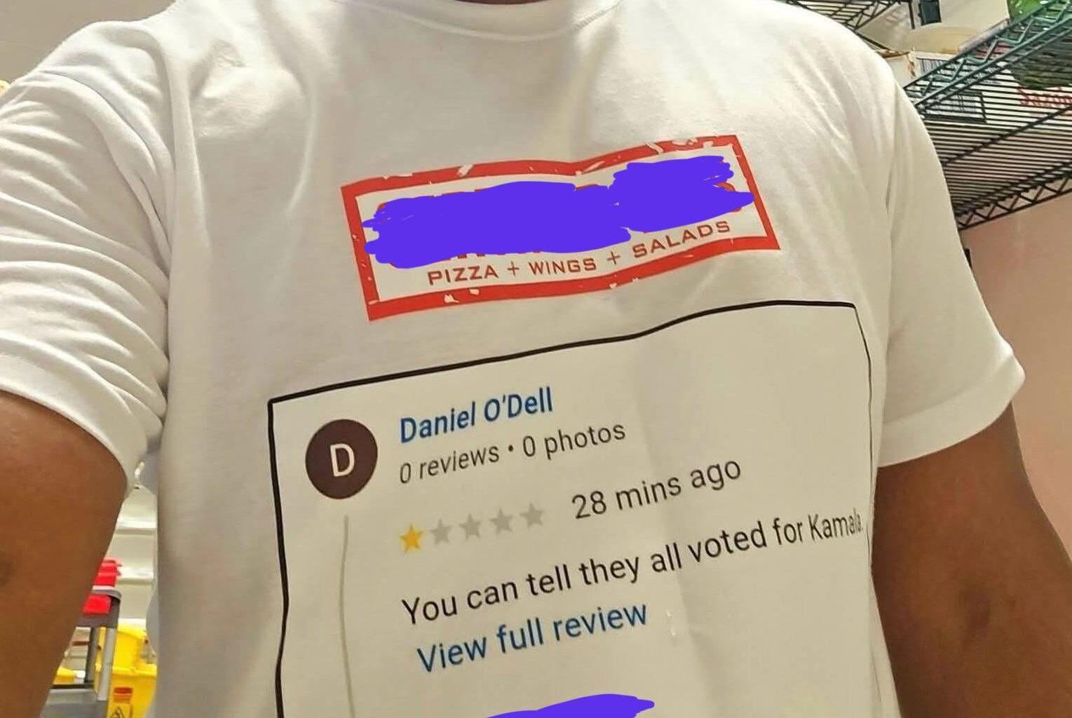 Local pizza place starts selling shirts printed with politically motivated negative reviews