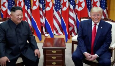 US President Donald Trump meets with North Korean leader Kim Jong Un at the demilitarized zone (DMZ) on the border of North and South Korea,