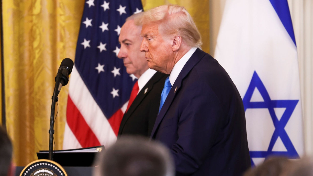WASHINGTON, DC, USA - February 4, 2025: President Donald J. Trump holds a joint news conference at the White House with Israeli Prime Minister Benjamin Netanyahu