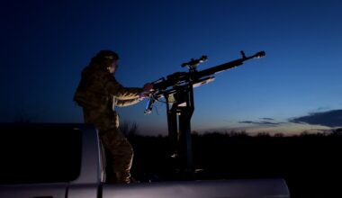 A Ukrainian anti-air gunner at night.