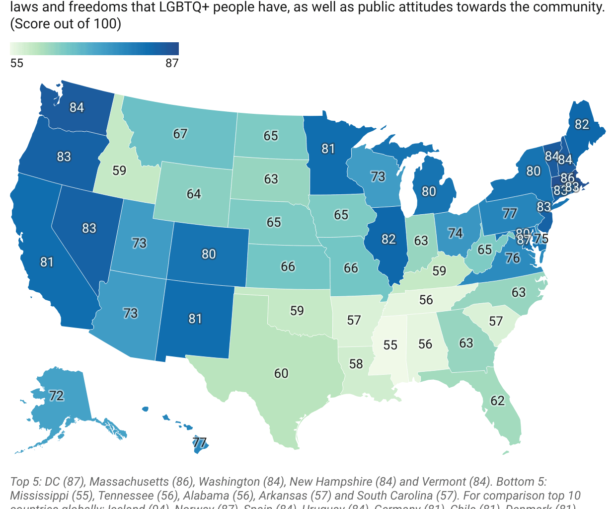 [OC] US states by LGBTQ+ equality