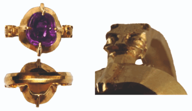 Three aspects of a gold ring with a purple sapphire and a lion on the band