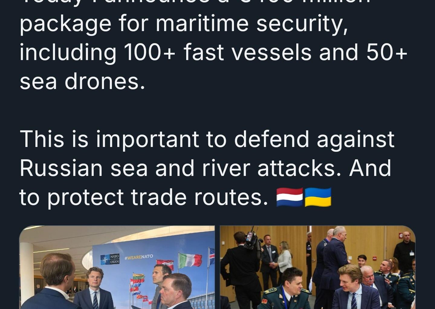 The Netherlands will support Ukraine with over 100 vessels and more than 50 sea drones. The total aid package is worth €400 million.