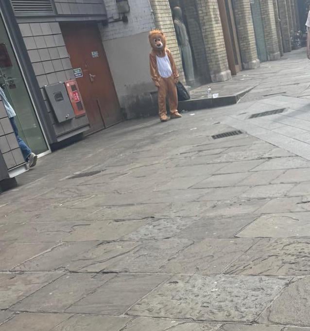 scary lion costume guy in angel london