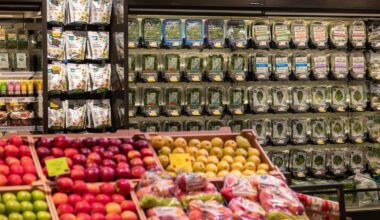 a selection of food items on a store shelf at Whole Foods