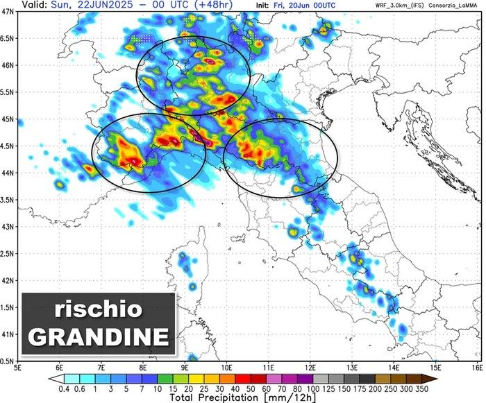 Zone a rischio grandinate per la giornata di Sabato 21 Giugno