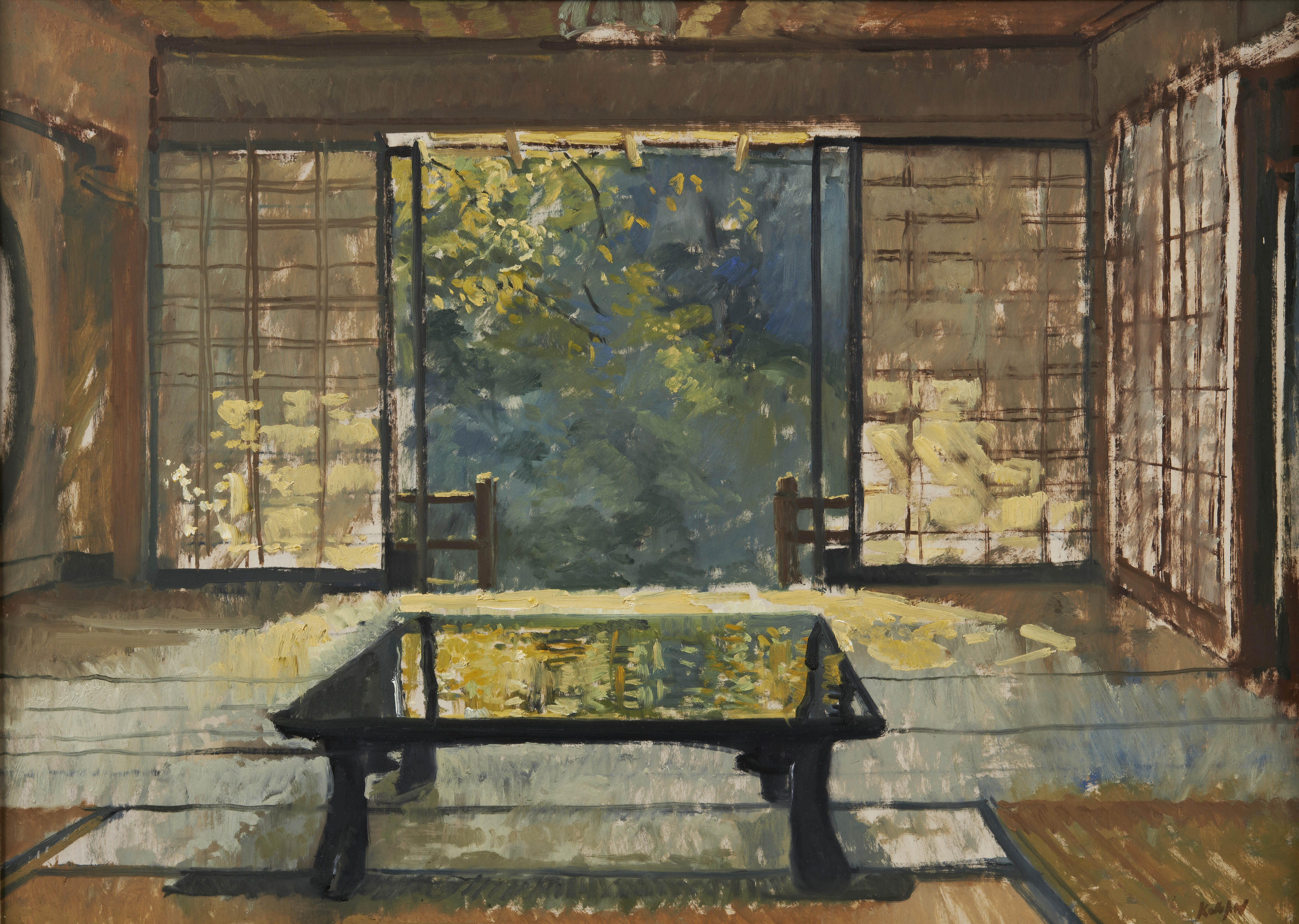 Painting of a Japanese room with a low table and sliding doors open to a garden.