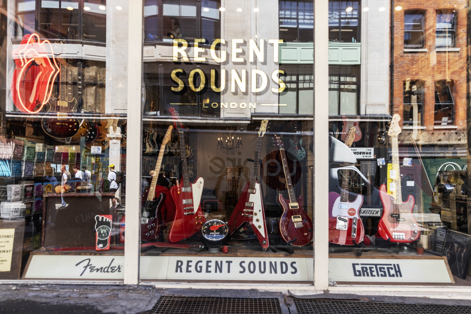 Guitars in the window of Regent Sounds in London.