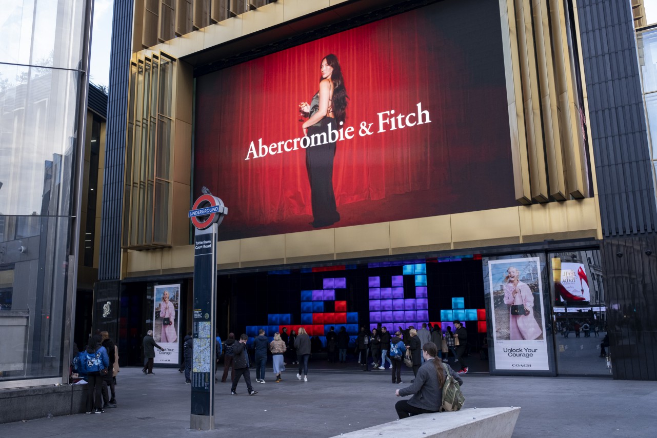 Abercrombie & Fitch advertisement on a large digital billboard in London.