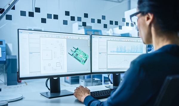 Person working on computer designing electronic components.