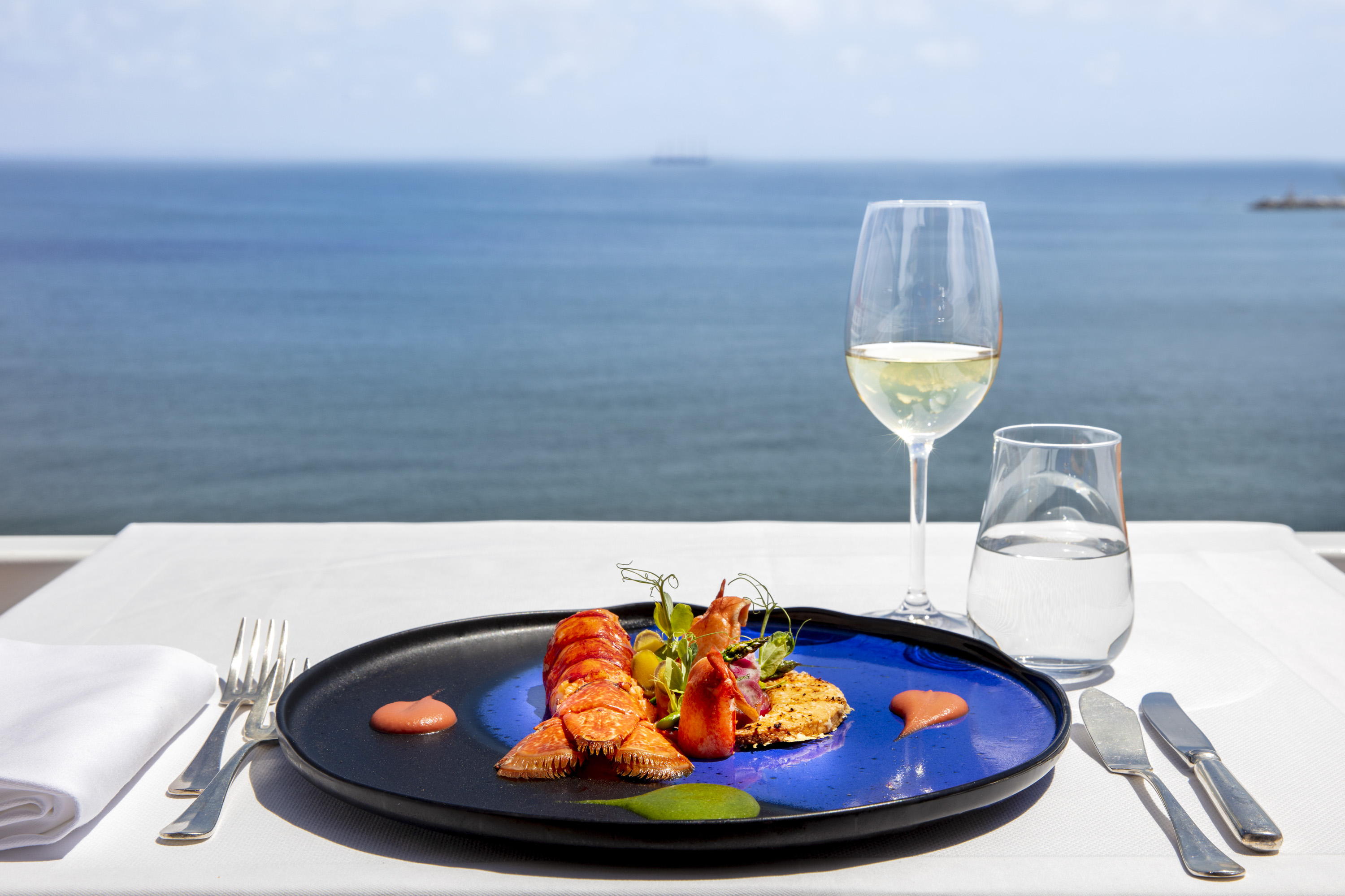 Lobster dish on a blue plate, with wine and water glasses, ocean view.