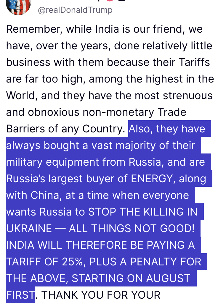 Trump announces 25% tariff for India - one of the largest buyer of Russian oil