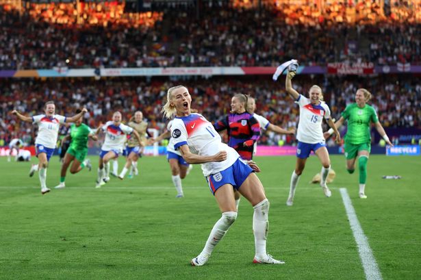 Chloe Kelly of England celebrates after scoring the team's winning penalty in the penalty shoot out during the UEFA Women's EURO 2025 Final