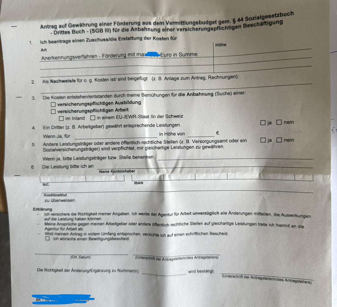 Will receiving financial help for exam/recognition fees affect PR or citizenship application in Germany?
