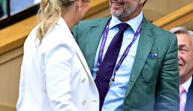 King Frederik of Denmark looked to be in high spirits as he enjoyed the tennis on day eight of Wimbledon this afternoon - without his wife, Queen Mary. Pictured chatting with the Duchess of Edinburgh