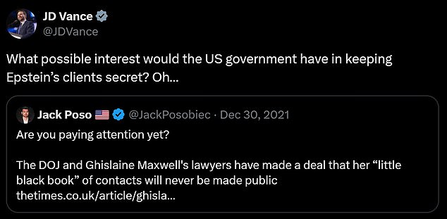 As early as 2021, posts made to X seen by DailyMail.com prove Vance staunchly believed a client list existed - and that the public deserved to see it