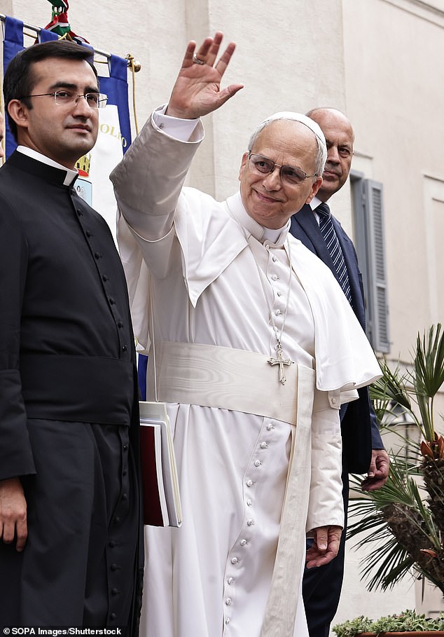 Pope Leo XIV greets the faithful upon his arrival to celebrate Mass inside the Church of St. Thomas of Villanova in Castel Gandolfo Pope Leone XIV during his summer holidays in Castel Gandolfo