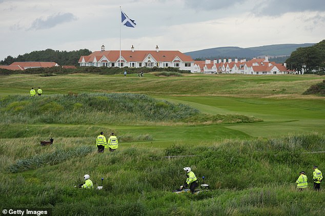 Police officers patrol during the visit Trump today in Turnberry, Scotland