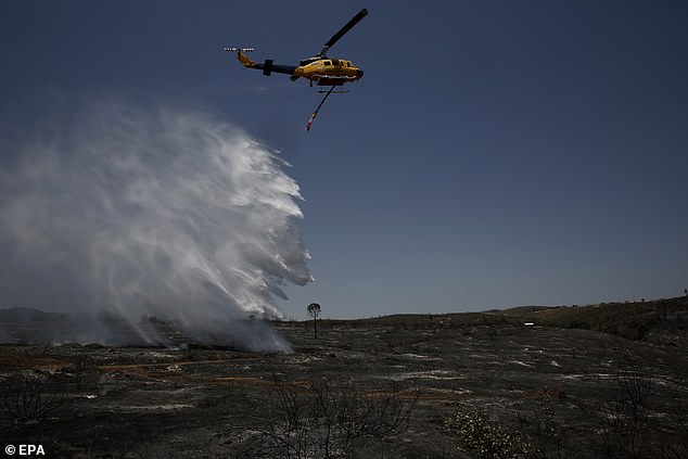 A firefighting helicopter operates in a burned area after a wildfire in the area of Kryoneri, in the suburbs of Athens, Greece, on Sunday