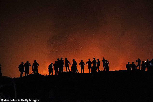 Firefighters try to fight the terrifying orange blaze in the Orhaneli district of Bursa in Turkey in the early hours of Monday