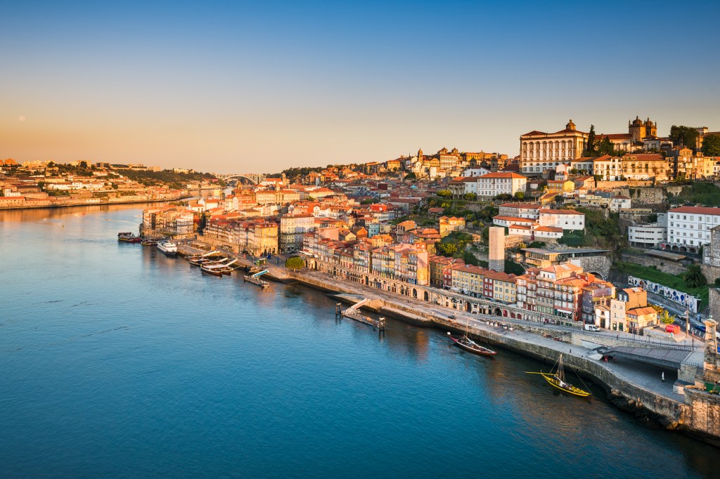 Aerial view of Porto, Portugal at sunrise.