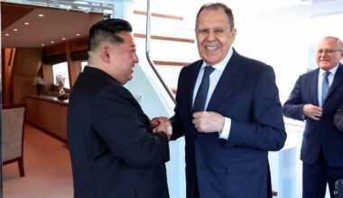 In this photo released by Russian Foreign Ministry Press Service, Russian Foreign Minister Sergey Lavrov, right, and North Korea's leader Kim Jong Un shake hands during their meeting in Wonsan, North Korea, on Saturday, July 12, 2025.