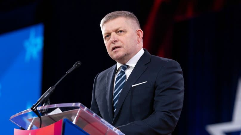 FILE: Slovakia's Prime Minister Robert Fico speaks at the Conservative Political Action Conference (CPAC) at the Gaylord National Resort & Convention Center, Feb. 21, 2025,