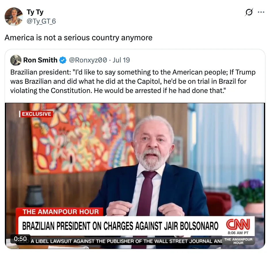 CNN news segment featuring Brazilian President discussing charges against Jair Bolsonaro and comparing events to the Capitol incident in the U.S