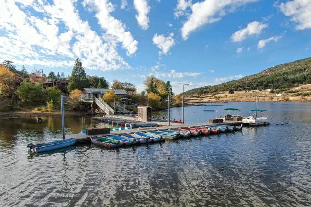 Thomas De Wever/Getty Images Aerial view of pier with small boat at Lake Cuyamaca.