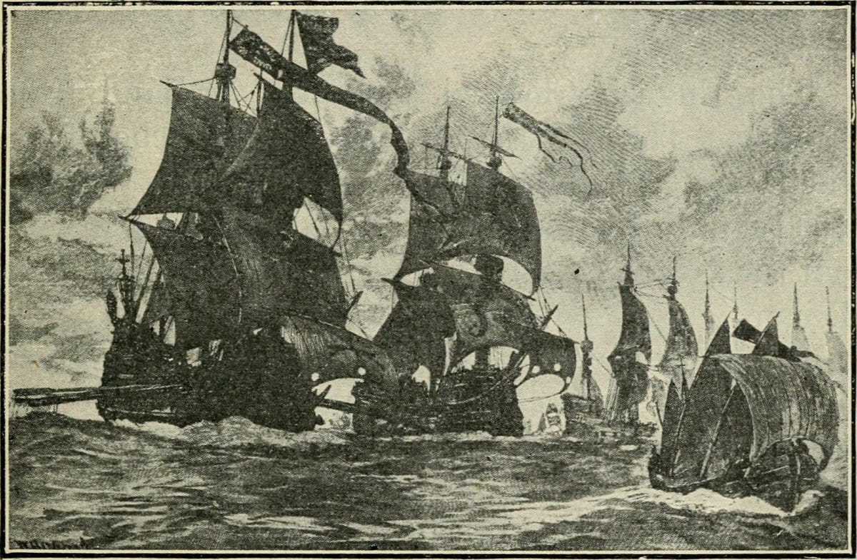 The Spanish armada, depicted in Halford Mackinder's Our own islands: An elementary study in geography (1907 via Internet Archive)