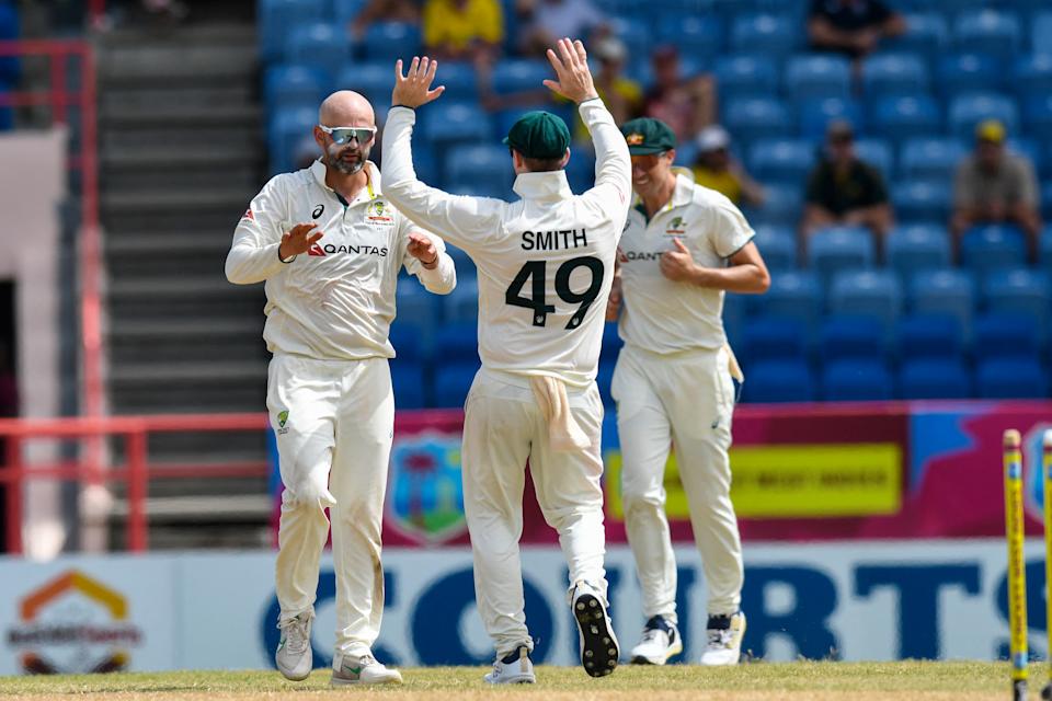 Nathan Lyon (pictured left) celebrates a wicket.