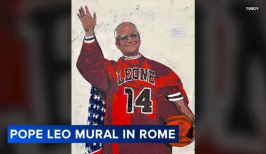 Pope Leo XIV: Street mural in Rome by TVBoy depicts Chicago native Pope Leo in Chicago Bulls uniform, evoking Michael Jordan
