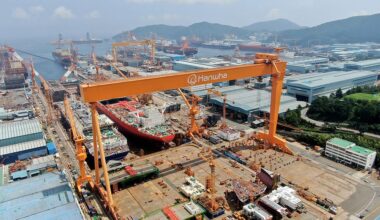 Aerial view of a ship drydock in South Korea