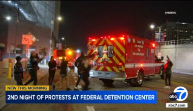 Protests continue for 2nd night in a row outside federal detention center in downtown Los Angeles