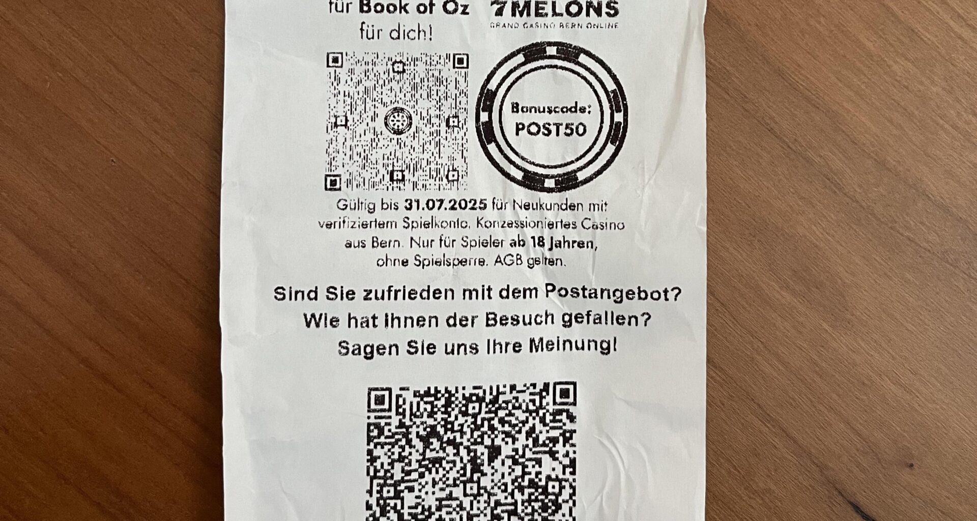 Why does the post advertise casinos on their receipts?