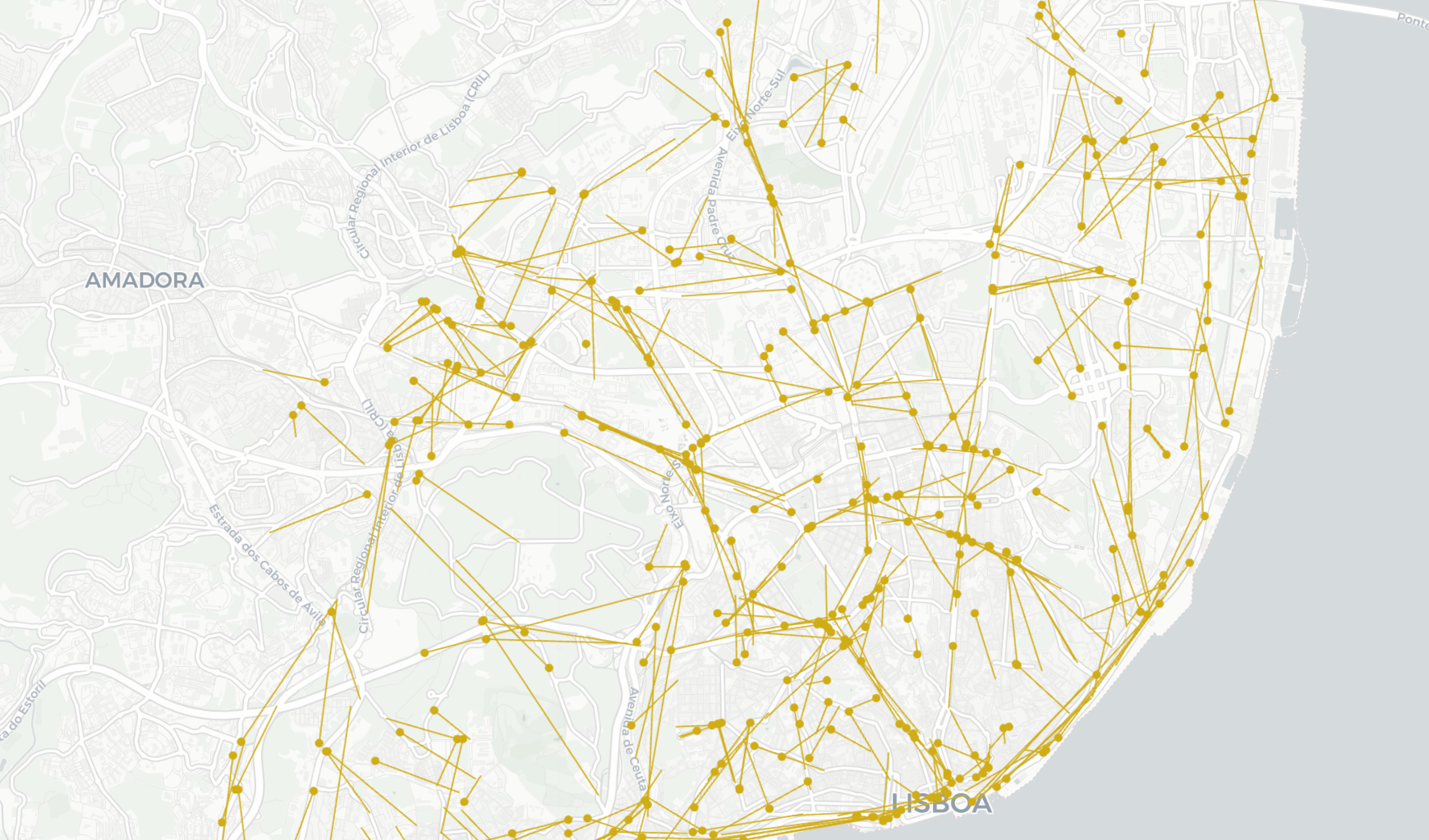 [OC] Every bus and tram in Lisbon right now and where they were 5 minutes ago
