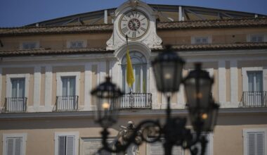 A view of the Papal or Apostolic Palace, a historic summer retreat for popes in the lakeside town of Castel Gandolfo, about 30 kilometers southeast of Rome, where Pope Leo XIV will be spending a short period of rest, is seen Wednesday, July 2, 2025. (AP Photo/Andrew Medichini)